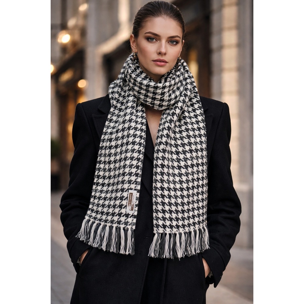 Andean Sun Houndstooth Alpaca Scarf Shawl‎ Fringe Black White Gray